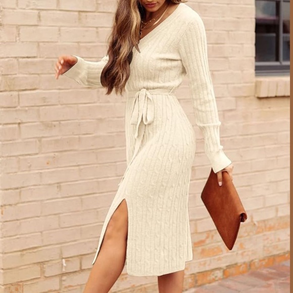 Merokeety Women's V-Neck Cable Knit Sweater Dress w Belt Apricot Stunning XL NWT - Picture 4 of 14